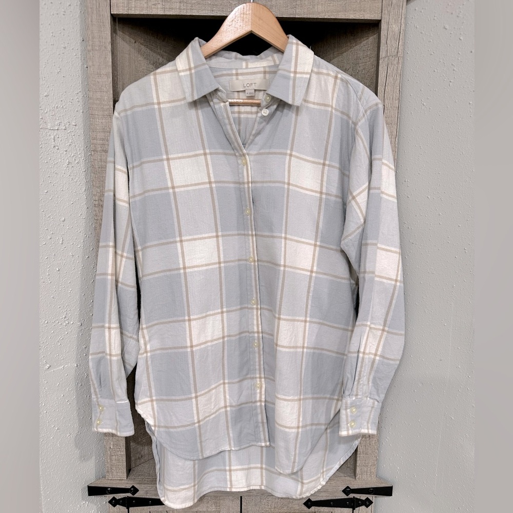 LOFT Light Blue and Cream Plaid Button-Down Shirt